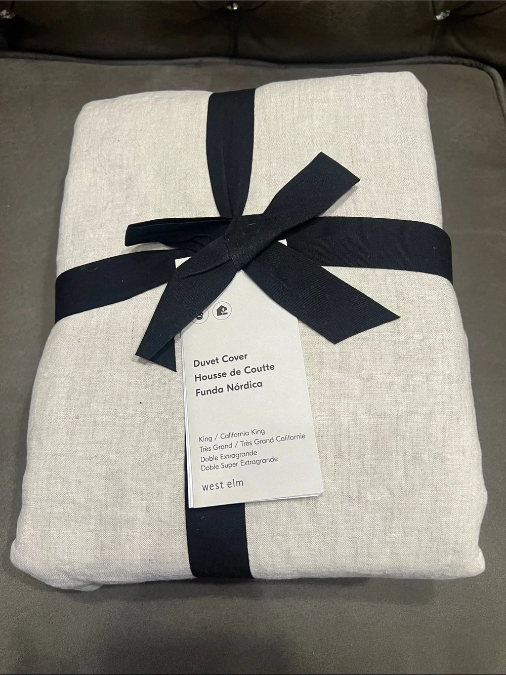 West Elm Natural Linen Duvet Cover with Black Tie Accent